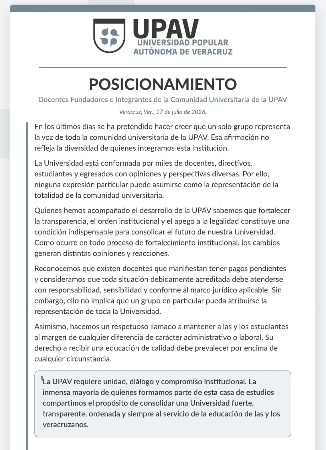 UPAV: Docentes y universitarios aclaran que manifestaciones no representan a la institución UPAV: Docentes y universitarios aclaran que manifestaciones no representan a la institución