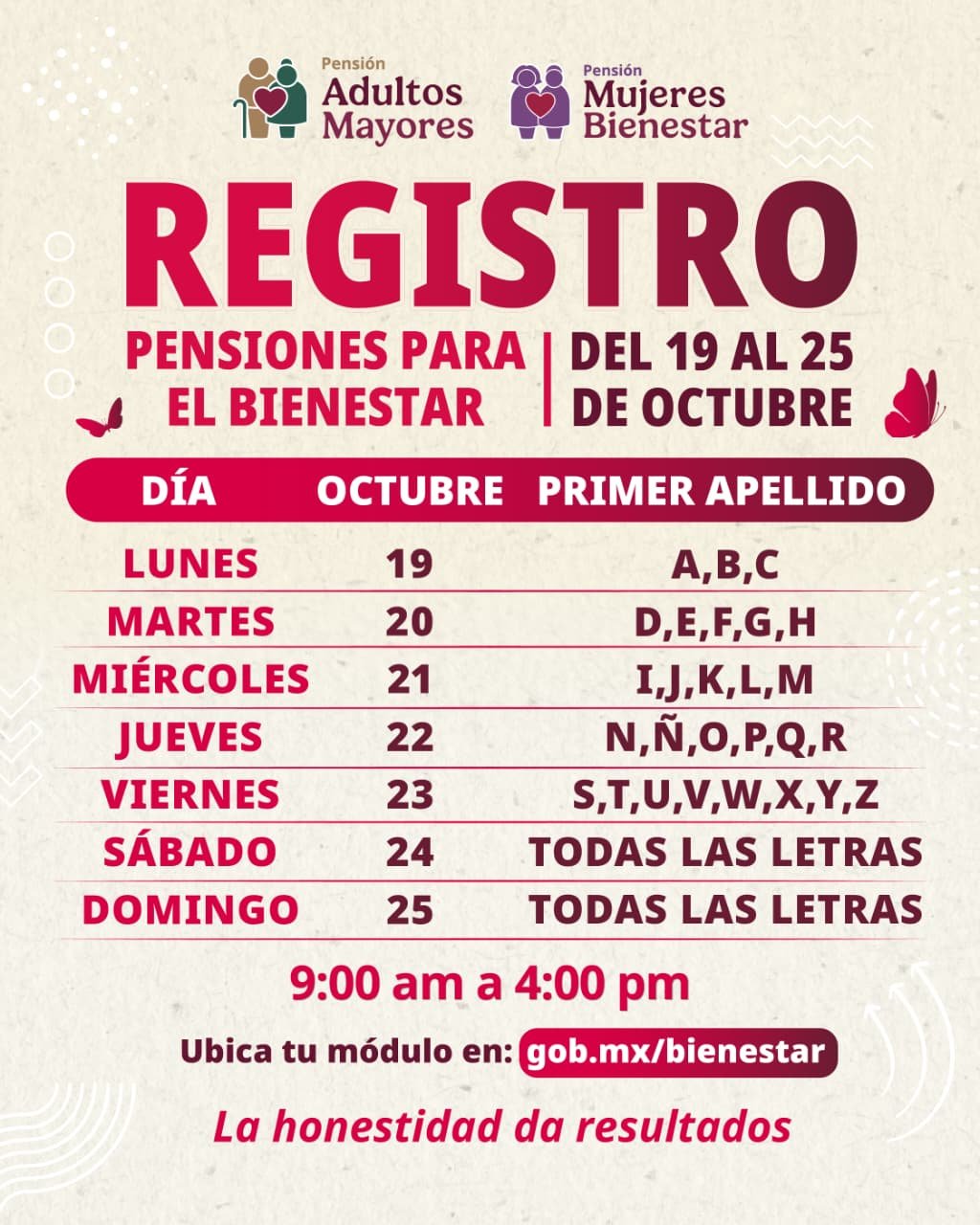 Del 19 al 25 de octubre se realiza el registro a las Pensiones para Adultos Mayores y Mujeres Bienestar: Leticia Ramírez